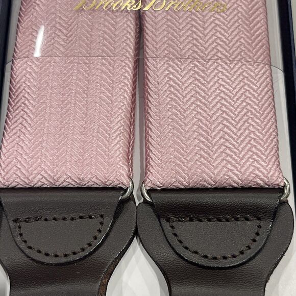 Brooks Brothers NEW Silk Leather Lt Pink Suspenders Braces Herringbone Pattern - Picture 3 of 9